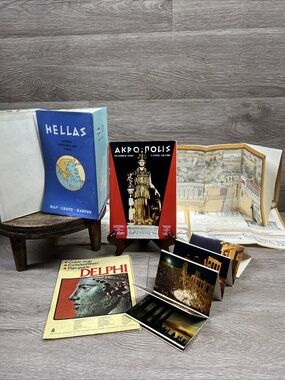 VTG 1960s Greece Hellas Map, Mini Postcards, Delphi Guide Map, Akropolis Drawing